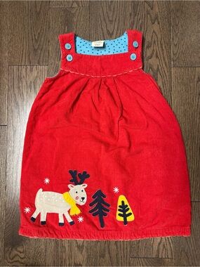 Frugi Girls' Red Corduroy Dress with Blue Polka Dot Lining